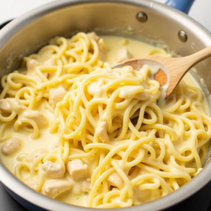Creamy parmesan sauce being mixed with fettuccine pasta