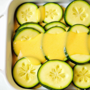 layering zucchini slices with creamy cheese mixture