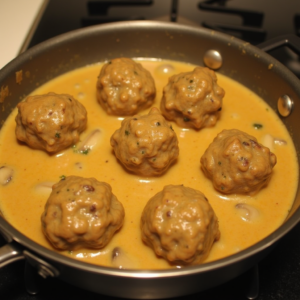 tagliatelle with mushroom sauce and meatballs simmering in creamy sauce