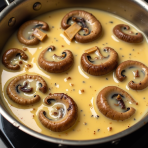 Cooking mushrooms in cream sauce with asiago cheese and Dijon mustard