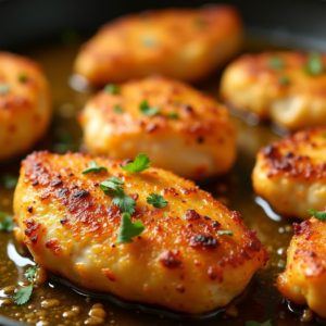 Chicken bites cooking in garlic butter in a skillet