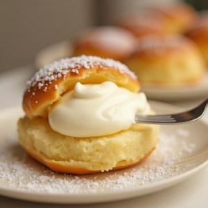 Filling Italian cream stuffed brioche with custard