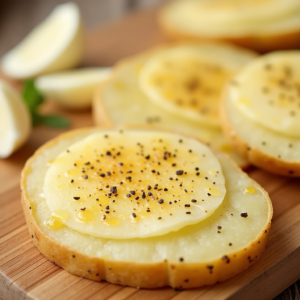 Layering sliced potatoes for garlic potato gratin