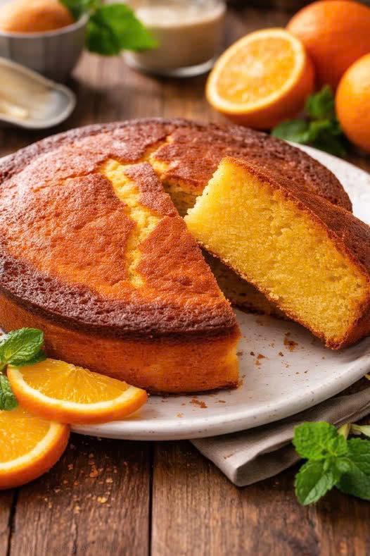 super moist orange sponge cake sliced on plate with fresh orange slices