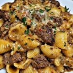 garlic butter steak bites with creamy parmesan pasta