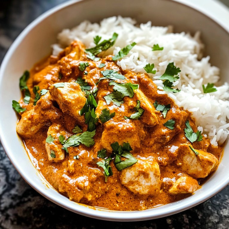Creamy chicken tikka masala served with basmati rice and fresh coriander
