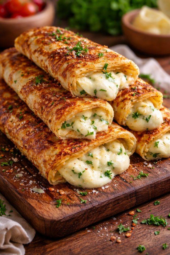 Mozzarella stuffed crepes baked with tomato sauce and parmesan