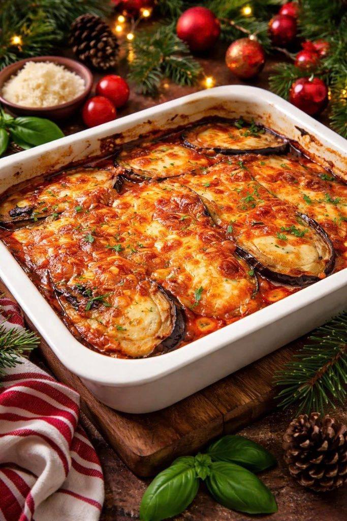 Baked eggplant parmesan with melted mozzarella and golden parmesan cheese