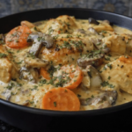 creamy chicken blanquette with mushrooms carrots and parsley