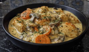 creamy chicken blanquette with mushrooms carrots and parsley