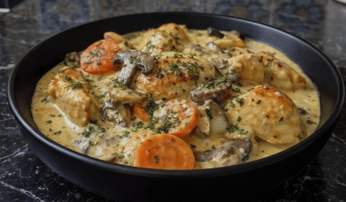creamy chicken blanquette with mushrooms carrots and parsley