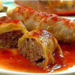 stuffed cabbage rolls with ground beef and tomato sauce