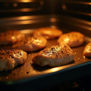 Chicken breast baking in oven tray
