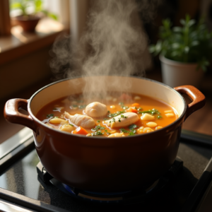 Chicken soup simmering for flu recovery