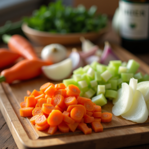 Preparing vegetables for homemade chicken soup for cold and flu recovery