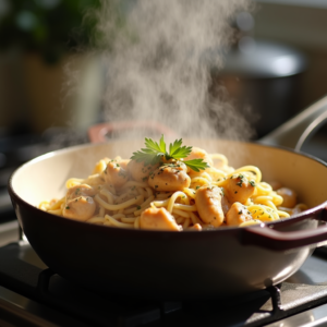 cooking chicken pasta in pot