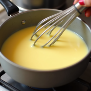 cooking vanilla dessert cream in saucepan