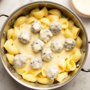 creamy parmesan sauce mixed with pasta shells in pan