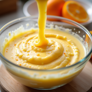 mixing orange sponge cake batter with eggs sugar and citrus