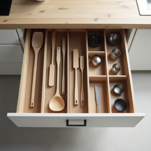 organized kitchen drawer with cooking utensils showing kitchen hacks that save time