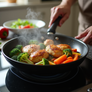 home cook preparing one pan chicken and vegetables meal as a kitchen hack that saves time