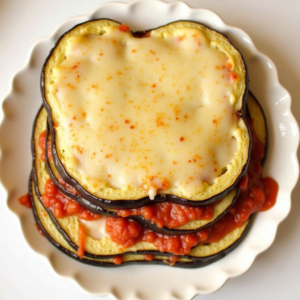 Layering roasted eggplant slices with tomato sauce and cheese