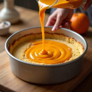 pouring orange sponge cake batter into baking pan before baking