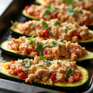 Tuna stuffed zucchini boats ready for oven