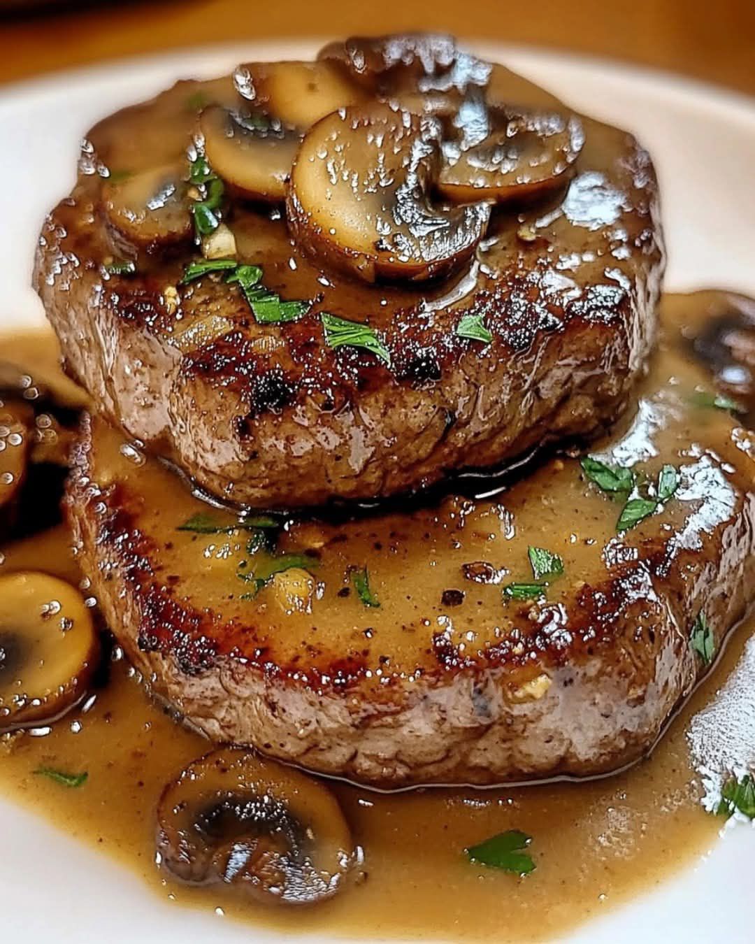 Juicy Beef Steaks with Mushroom Sauce served on a plate
