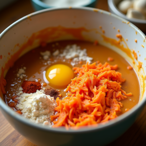 Carrot cake batter with grated carrots and ingredients in mixing bowl