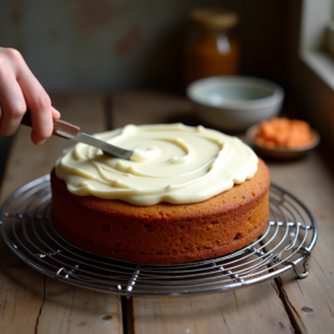 Freshly baked carrot cake with cream cheese frosting being spread