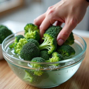 Text: soaking broccoli in cleaning solution