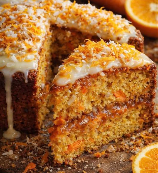 Moist carrot cake with cream cheese frosting and orange zest topping