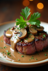 close up steak mushroom sauce creamy