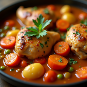 Top view of raw chicken pieces with chopped vegetables like carrots, onions, peppers and herbs ready for cooking