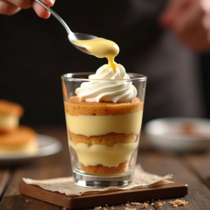 layering goxua dessert with pastry cream and whipped cream
