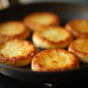 pan fried doughnut cakes cooking in a skillet