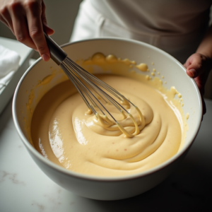 soft doughnut style batter being mixed in a bowl