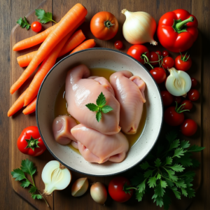 preparing chicken stew with fresh vegetables ingredients