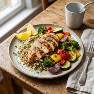 High Protein Chicken Dinner with grilled chicken, quinoa and roasted vegetables