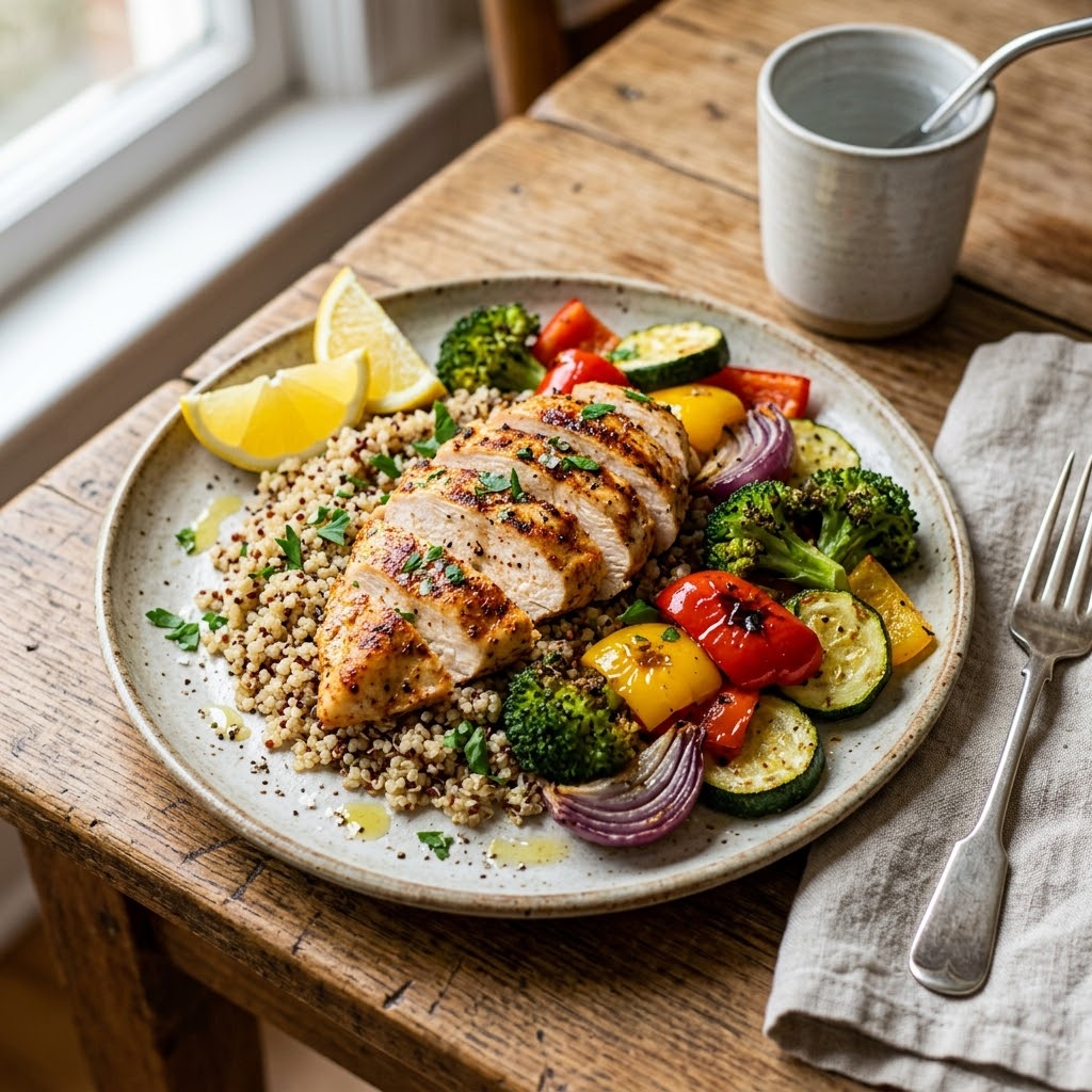 High Protein Chicken Dinner with grilled chicken, quinoa and roasted vegetables