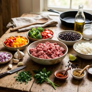 High Protein Ground Beef Recipes ingredients with lean beef and fresh vegetables