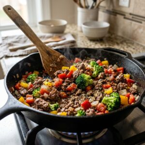 High Protein Ground Beef Recipes cooking in a skillet with vegetables