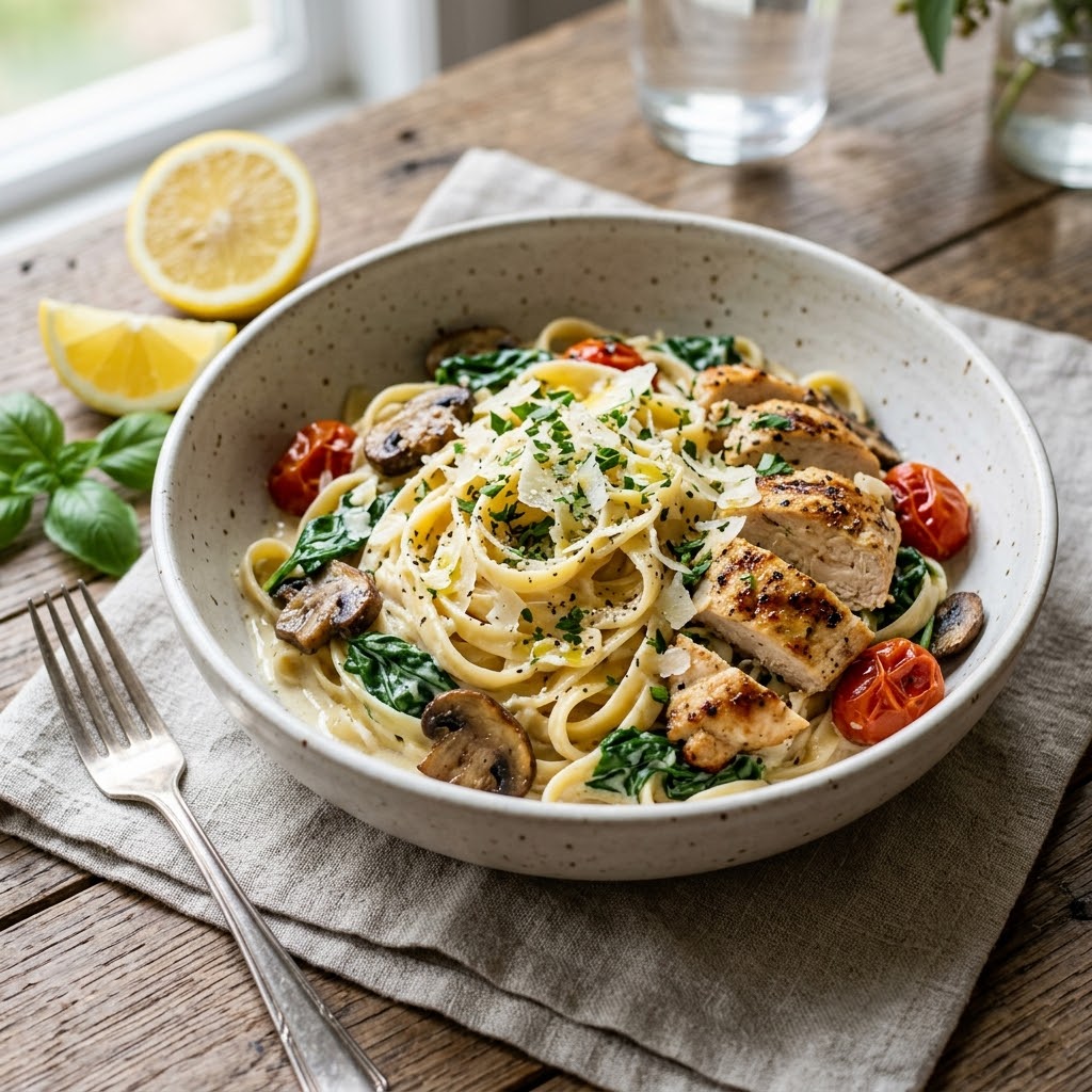 High Protein Pasta Recipes with chicken spinach mushrooms and Parmesan