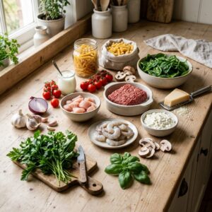 High Protein Pasta Recipes ingredients with chicken beef shrimp and vegetables