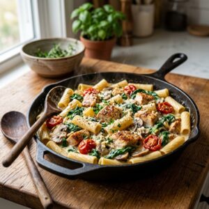 High Protein Pasta Recipes cooking with chicken spinach mushrooms and creamy sauce