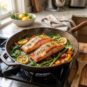 High Protein Salmon Recipes cooking in a skillet with garlic lemon and spinach