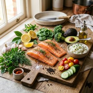 High Protein Salmon Recipes ingredients with fresh salmon lemon garlic and vegetables