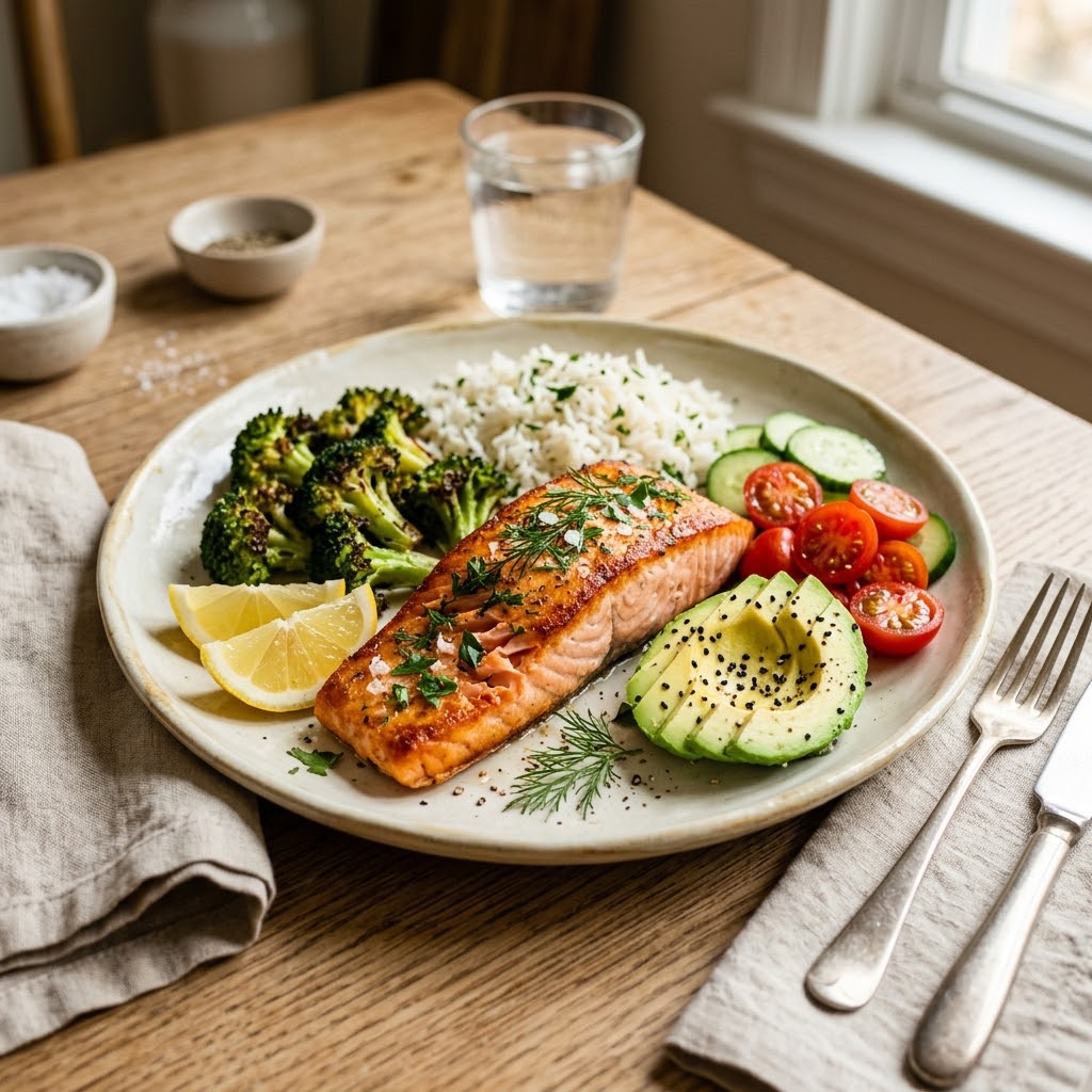 High Protein Salmon Recipes served with rice broccoli avocado and lemon