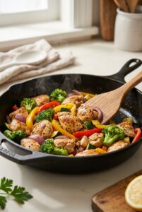 High Protein Chicken Dinner cooking with seasoned chicken and colorful vegetables